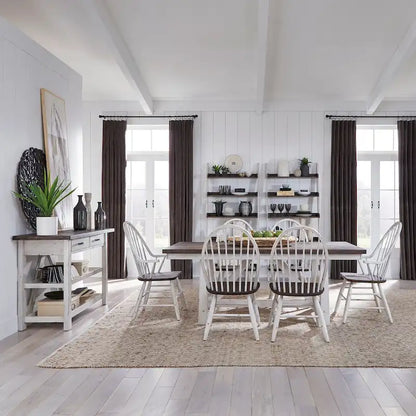 Farmhouse Two Tone White Wood Tone 7 Piece Trestle Table Set