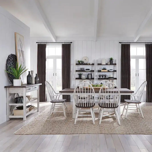 Farmhouse Two Tone White Wood Tone 7 Piece Trestle Table Set