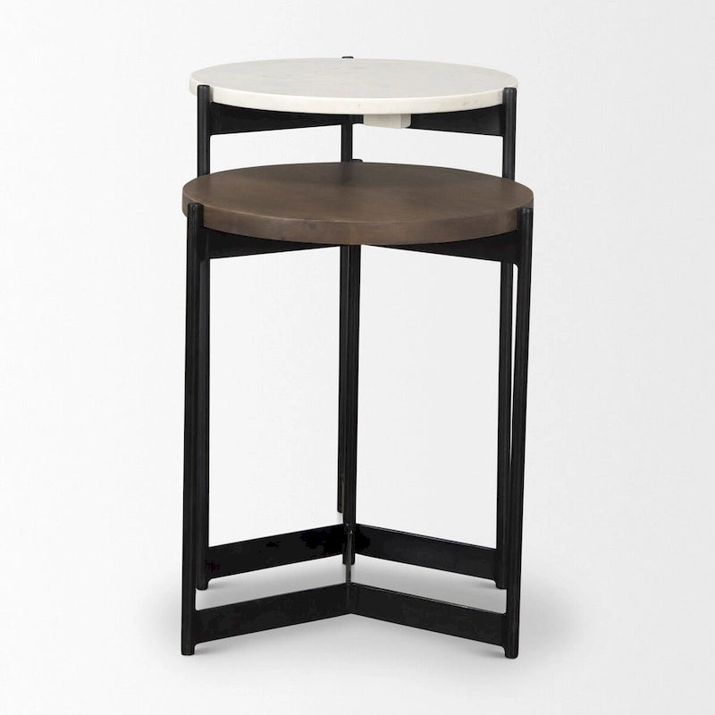 Larkin Marble & Dark Brown Wood Tabletop Nesting End/Side Tables