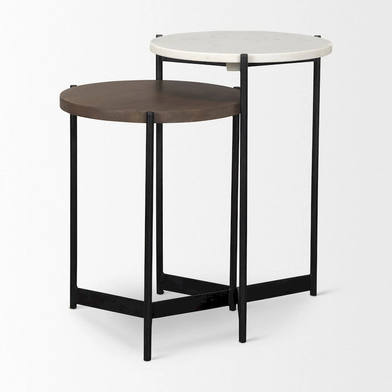 Larkin Marble & Dark Brown Wood Tabletop Nesting End/Side Tables