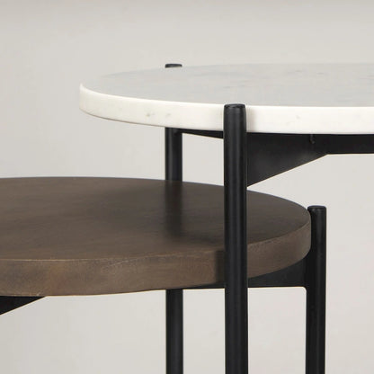 Larkin Marble & Dark Brown Wood Tabletop Nesting End/Side Tables