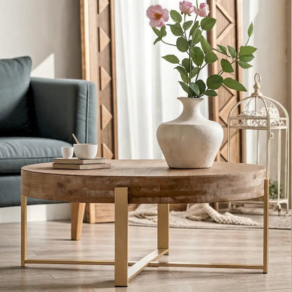 33.86Modern Retro Splicing Round Coffee Table,Fir Wood Table Top with Gold Cross Legs Base