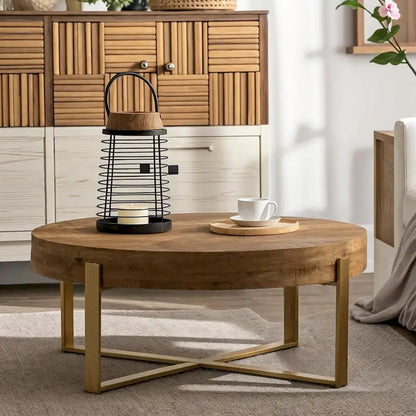 33.86Modern Retro Splicing Round Coffee Table,Fir Wood Table Top with Gold Cross Legs Base