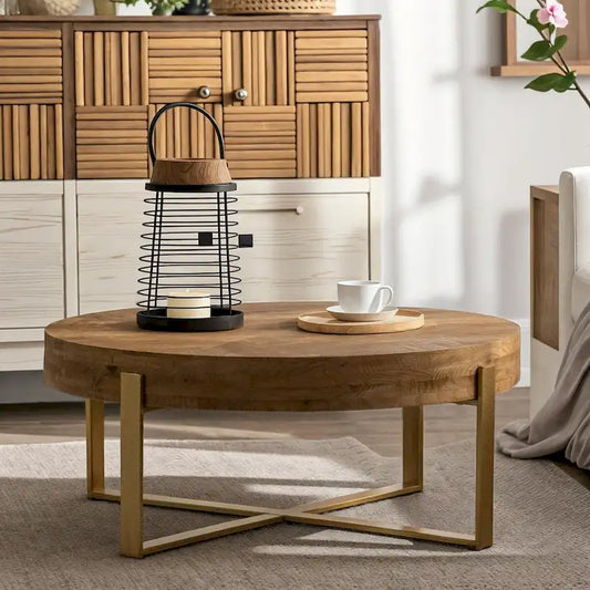 33.86Modern Retro Splicing Round Coffee Table,Fir Wood Table Top with Gold Cross Legs Base