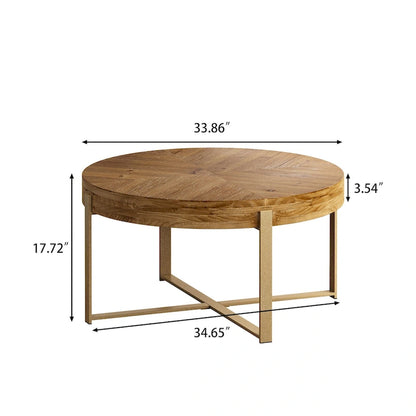 33.86Modern Retro Splicing Round Coffee Table,Fir Wood Table Top with Gold Cross Legs Base