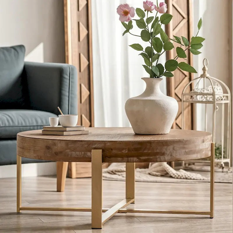 33.86Modern Retro Splicing Round Coffee Table,Fir Wood Table Top with Gold Cross Legs Base