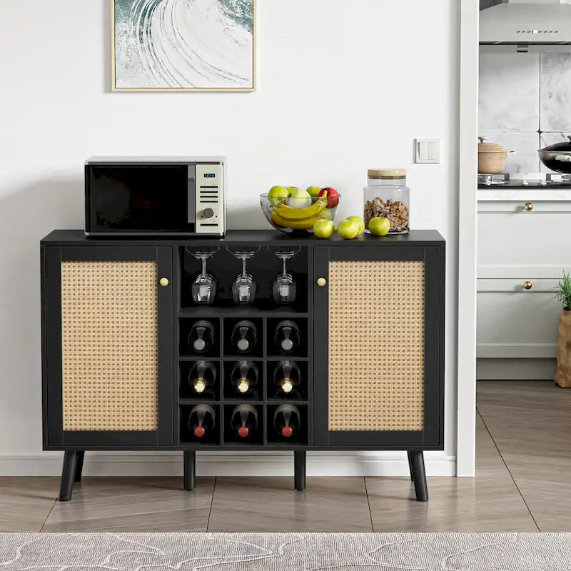 Anmytek Modern 2-Door Black Wood Rattan Kitchen Buffet Sideboard Coffee Bar Cabinet Server Table with Wine Rack