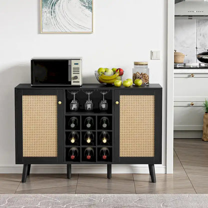 Anmytek Modern 2-Door Black Wood Rattan Kitchen Buffet Sideboard Coffee Bar Cabinet Server Table with Wine Rack