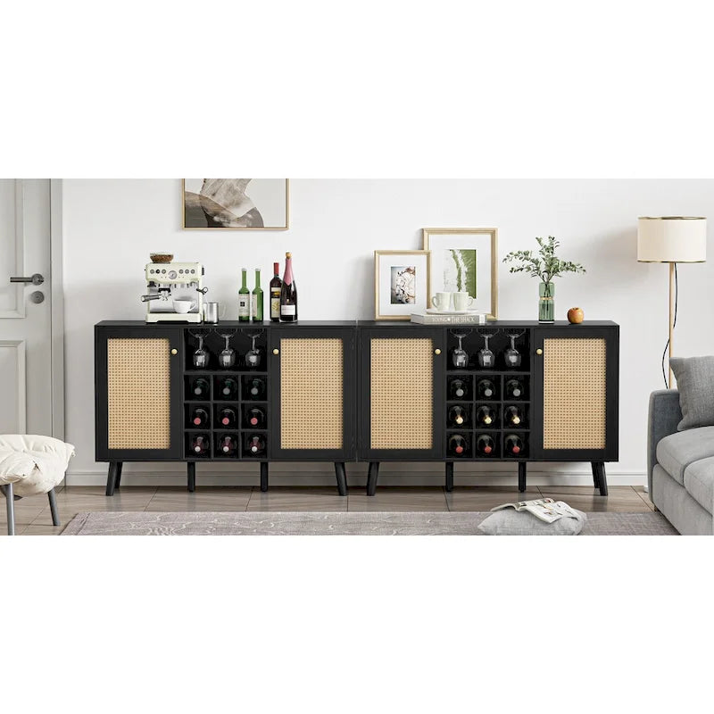 Anmytek Modern 2-Door Black Wood Rattan Kitchen Buffet Sideboard Coffee Bar Cabinet Server Table with Wine Rack