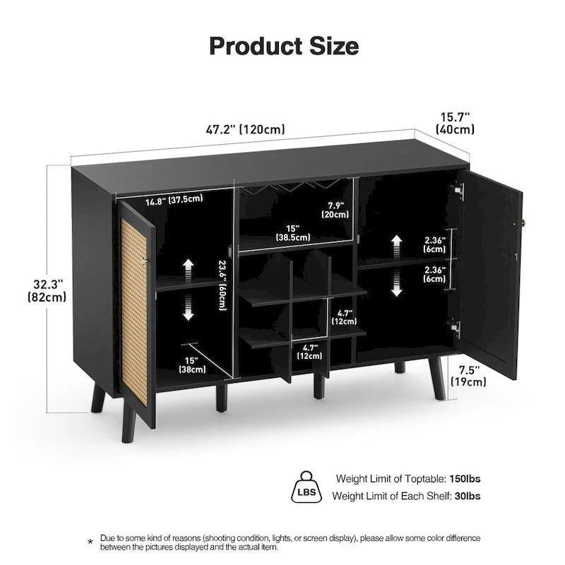 Anmytek Modern 2-Door Black Wood Rattan Kitchen Buffet Sideboard Coffee Bar Cabinet Server Table with Wine Rack