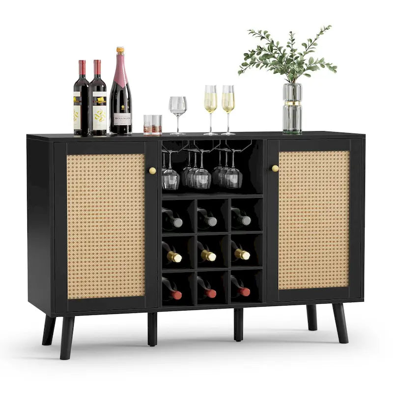 Anmytek Modern 2-Door Black Wood Rattan Kitchen Buffet Sideboard Coffee Bar Cabinet Server Table with Wine Rack
