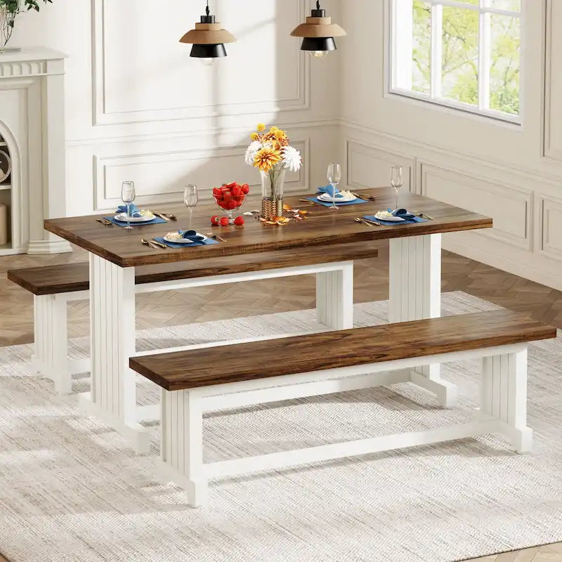 47 Inches Farmhouse Wood 3-piece Small Dining Table with 2 Benches - N/A