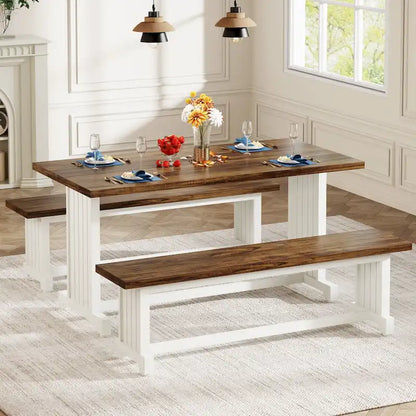 47 Inches Farmhouse Wood 3-piece Small Dining Table with 2 Benches - N/A