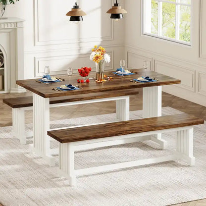 47 Inches Farmhouse Wood 3-piece Small Dining Table with 2 Benches - N/A