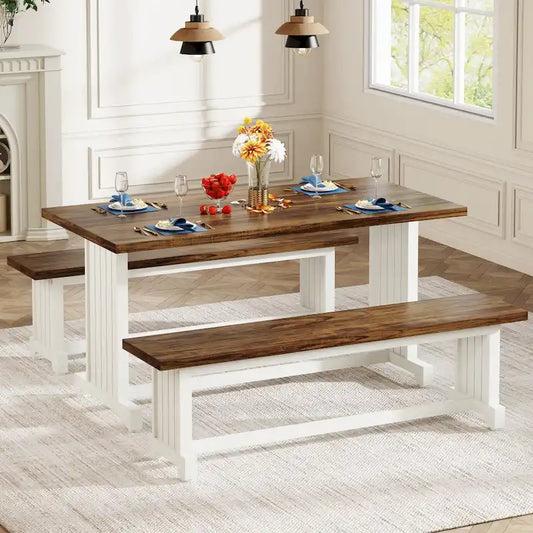 47 Inches Farmhouse Wood 3-piece Small Dining Table with 2 Benches - N/A