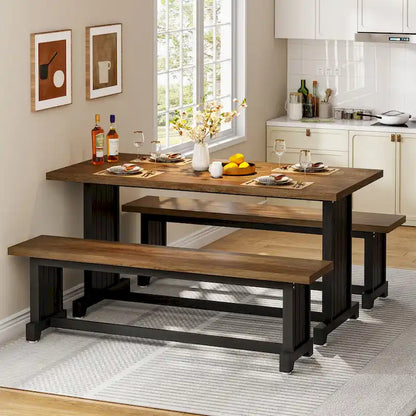 47 Inches Farmhouse Wood 3-piece Small Dining Table with 2 Benches - N/A