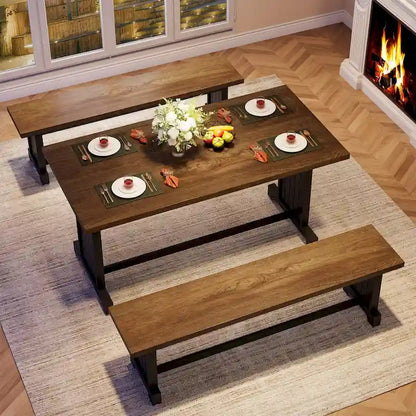 47 Inches Farmhouse Wood 3-piece Small Dining Table with 2 Benches - N/A