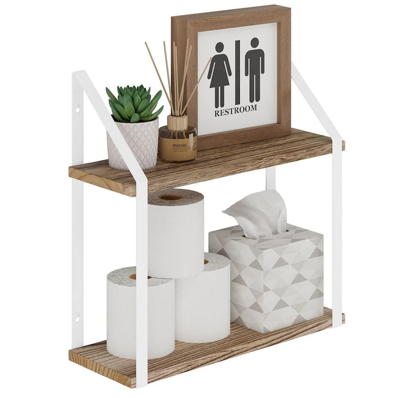 Wallniture Modena 2 Tier Shelves with White Brackets, Bathroom Wall Decor, 17x6, Burnt