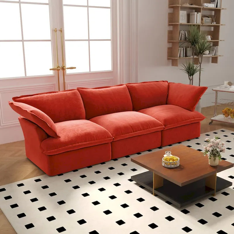 3-Seater Velvet Cloud Sectional Sofa, Down Feather Wide Deep Seat Modular Couch
