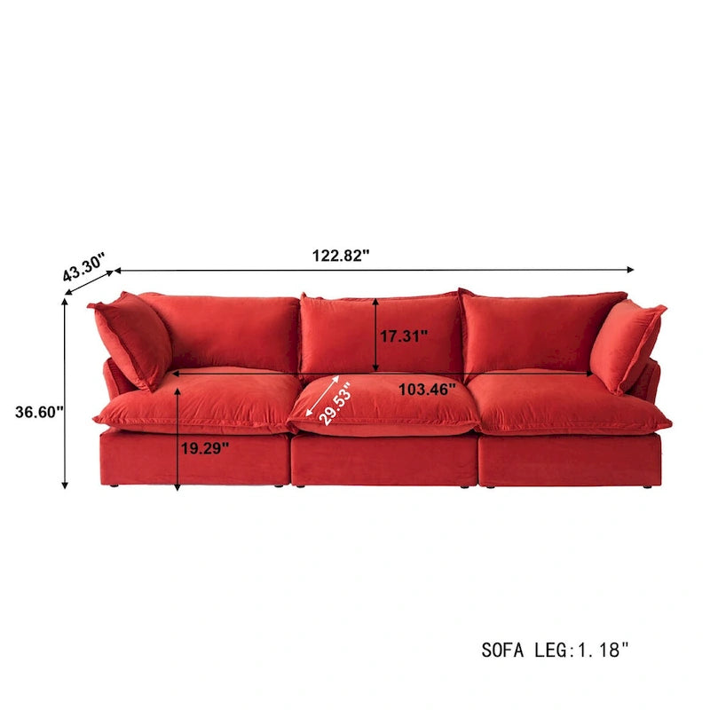 3-Seater Velvet Cloud Sectional Sofa, Down Feather Wide Deep Seat Modular Couch