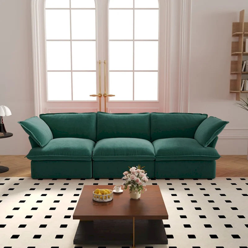 3-Seater Velvet Cloud Sectional Sofa, Down Feather Wide Deep Seat Modular Couch