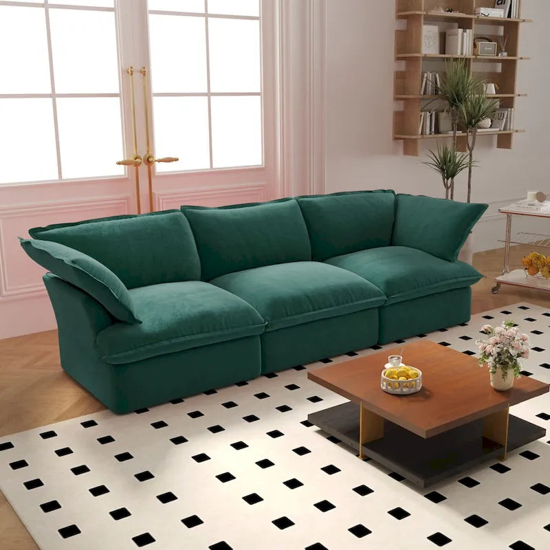 3-Seater Velvet Cloud Sectional Sofa, Down Feather Wide Deep Seat Modular Couch