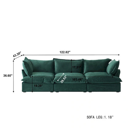 3-Seater Velvet Cloud Sectional Sofa, Down Feather Wide Deep Seat Modular Couch