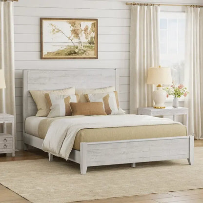 LUE BONA Pine Platform Bed with Distressed Headboard, Solid Wood Queen Bed Frame/King Bed Frame/Full Bed Frame
