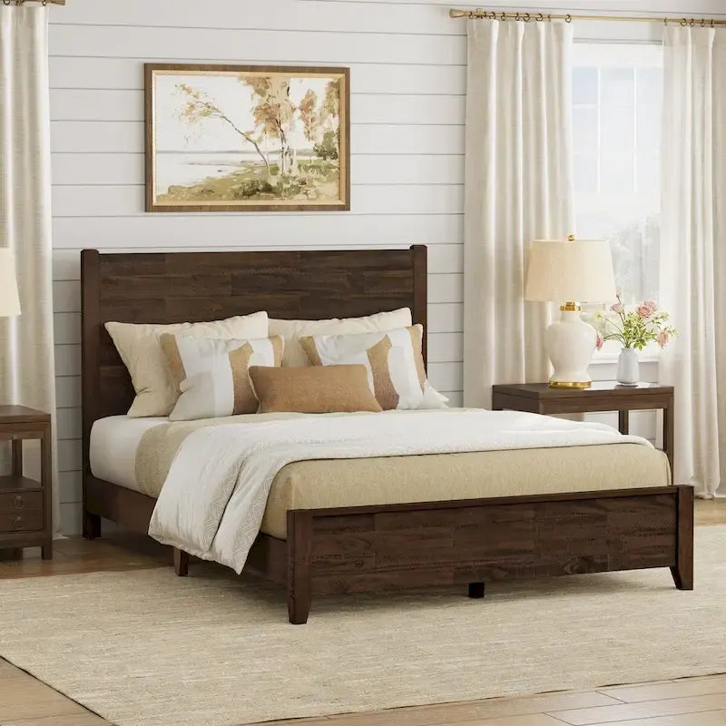 LUE BONA Pine Platform Bed with Distressed Headboard, Solid Wood Queen Bed Frame/King Bed Frame/Full Bed Frame