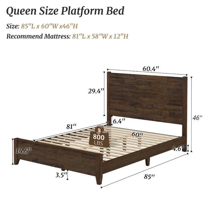 LUE BONA Pine Platform Bed with Distressed Headboard, Solid Wood Queen Bed Frame/King Bed Frame/Full Bed Frame