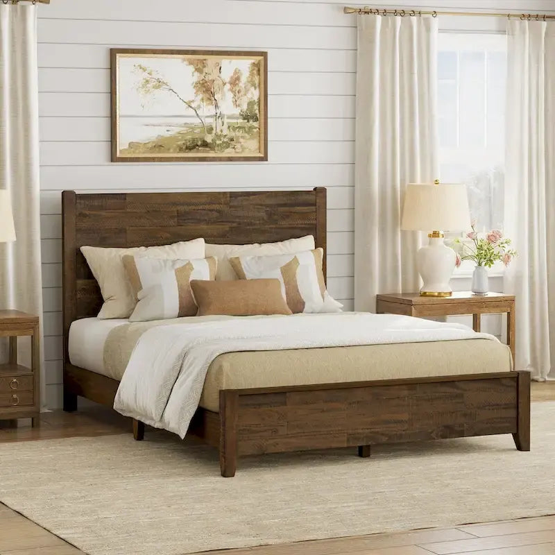 LUE BONA Pine Platform Bed with Distressed Headboard, Solid Wood Queen Bed Frame/King Bed Frame/Full Bed Frame