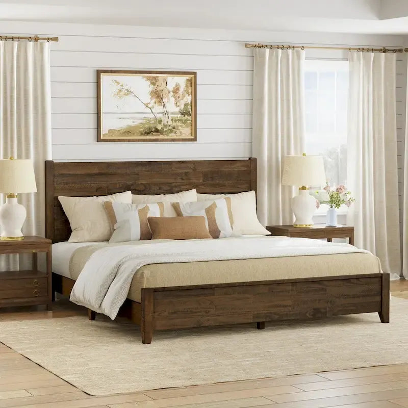 LUE BONA Pine Platform Bed with Distressed Headboard, Solid Wood Queen Bed Frame/King Bed Frame/Full Bed Frame
