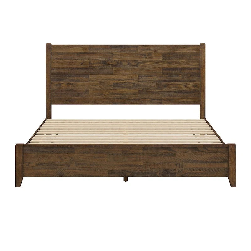 LUE BONA Pine Platform Bed with Distressed Headboard, Solid Wood Queen Bed Frame/King Bed Frame/Full Bed Frame