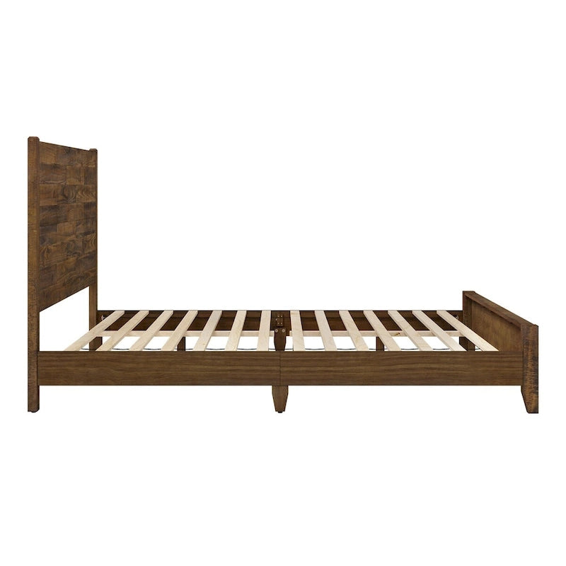 LUE BONA Pine Platform Bed with Distressed Headboard, Solid Wood Queen Bed Frame/King Bed Frame/Full Bed Frame