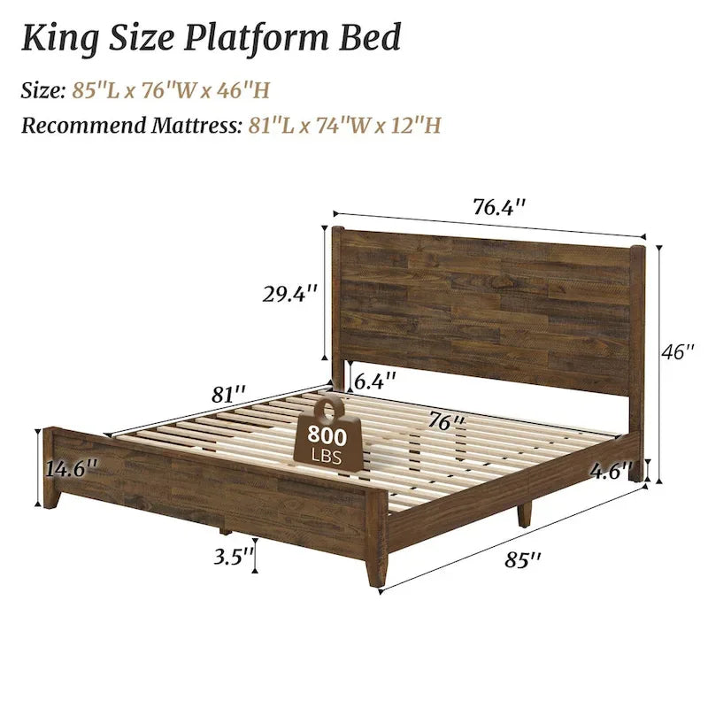 LUE BONA Pine Platform Bed with Distressed Headboard, Solid Wood Queen Bed Frame/King Bed Frame/Full Bed Frame