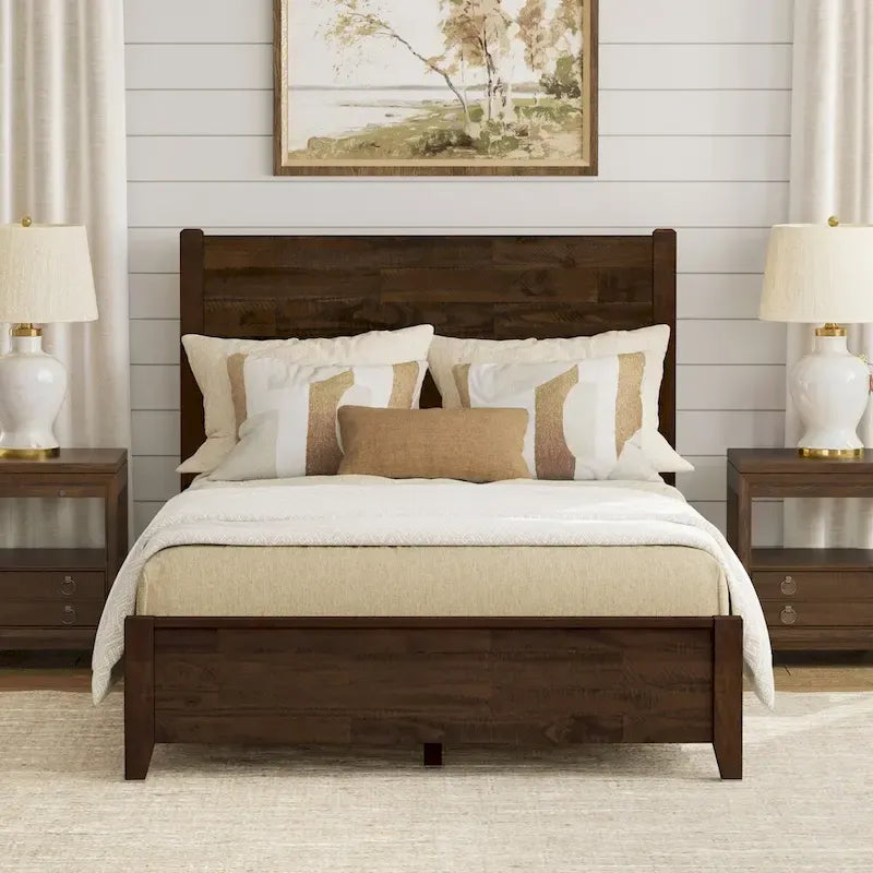 LUE BONA Pine Platform Bed with Distressed Headboard, Solid Wood Queen Bed Frame/King Bed Frame/Full Bed Frame
