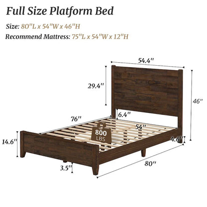 LUE BONA Pine Platform Bed with Distressed Headboard, Solid Wood Queen Bed Frame/King Bed Frame/Full Bed Frame