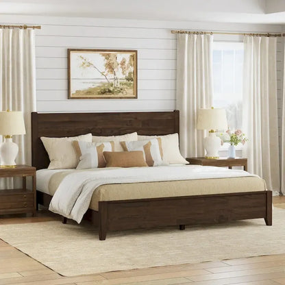 LUE BONA Pine Platform Bed with Distressed Headboard, Solid Wood Queen Bed Frame/King Bed Frame/Full Bed Frame