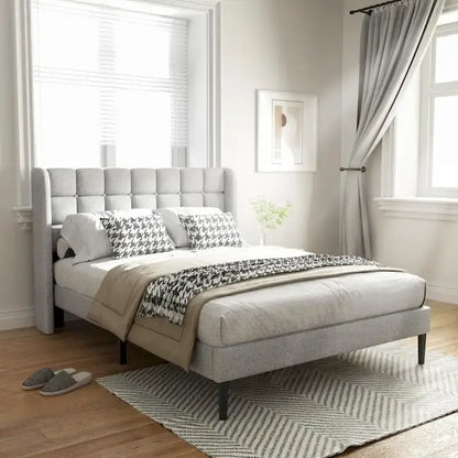 Bed Frame with Upholstered Wingback Headboard And Wooden Slats Support