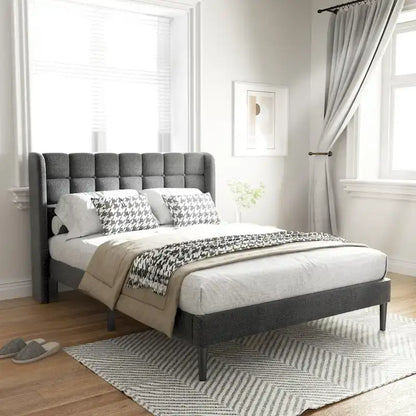 Bed Frame with Upholstered Wingback Headboard And Wooden Slats Support