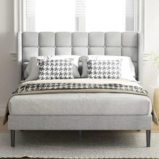 Bed Frame with Upholstered Wingback Headboard And Wooden Slats Support