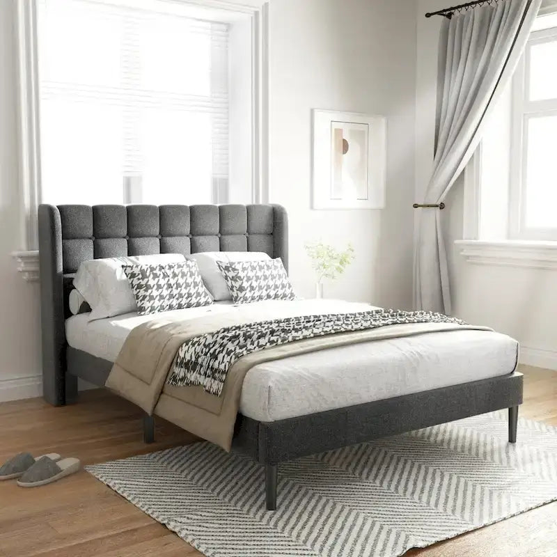 Bed Frame with Upholstered Wingback Headboard And Wooden Slats Support