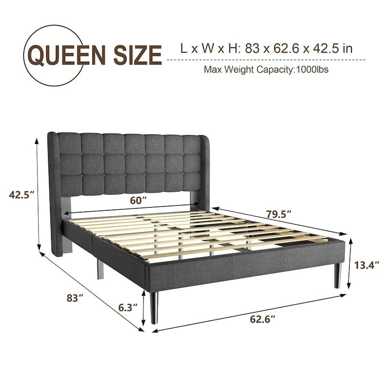 Bed Frame with Upholstered Wingback Headboard And Wooden Slats Support