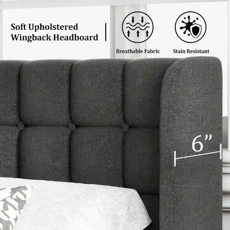 Bed Frame with Upholstered Wingback Headboard And Wooden Slats Support