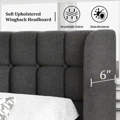 Bed Frame with Upholstered Wingback Headboard And Wooden Slats Support