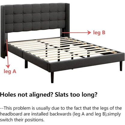 Bed Frame with Upholstered Wingback Headboard And Wooden Slats Support