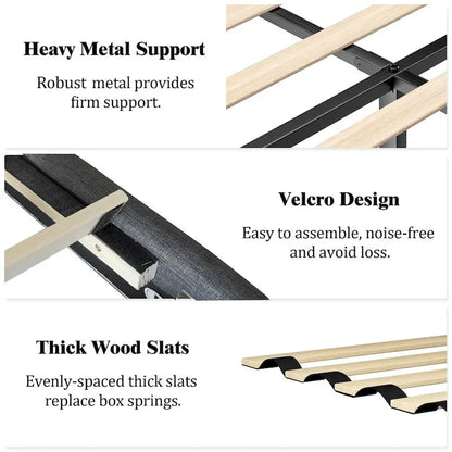 Bed Frame with Upholstered Wingback Headboard And Wooden Slats Support