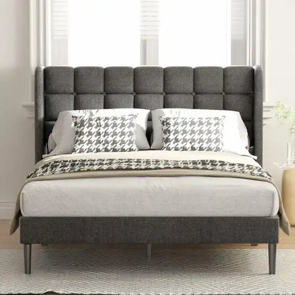 Bed Frame with Upholstered Wingback Headboard And Wooden Slats Support