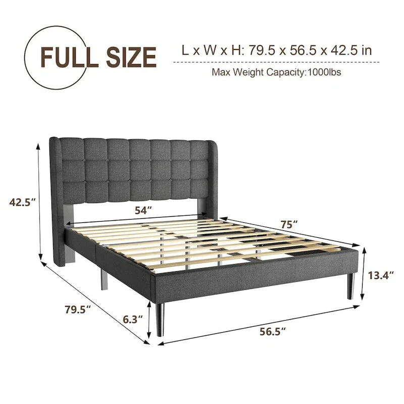Bed Frame with Upholstered Wingback Headboard And Wooden Slats Support