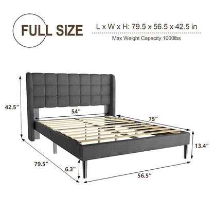 Bed Frame with Upholstered Wingback Headboard And Wooden Slats Support